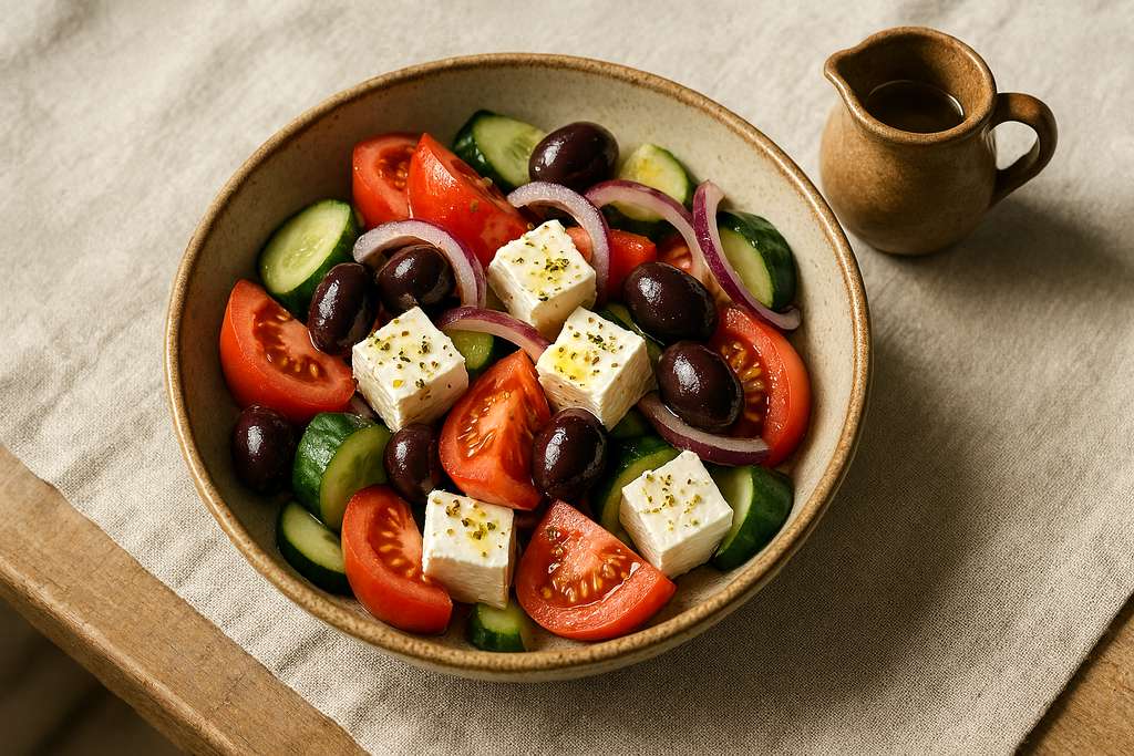 Ελληνική σαλάτα με ελαιόλαδο και φρέσκα λαχανικά — ελληνική διατροφή για αδυνάτισμα