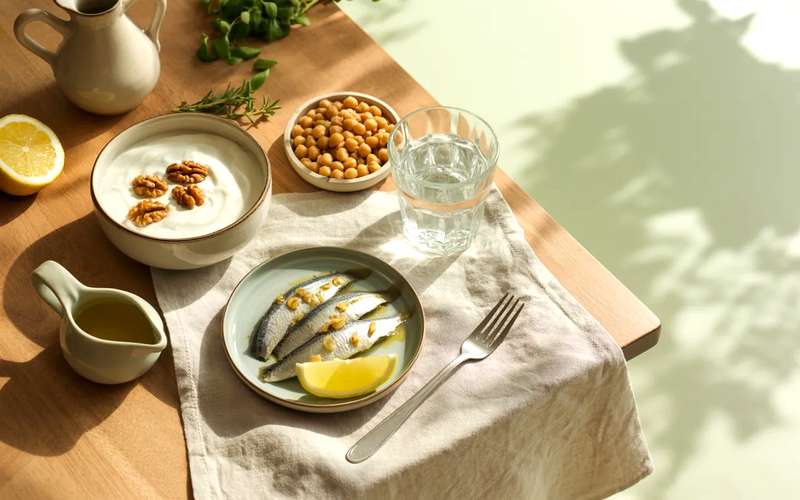 Φρέσκα υλικά της ελληνικής κουζίνας σε λινό τραπέζι — βιώσιμες στρατηγικές διατροφής